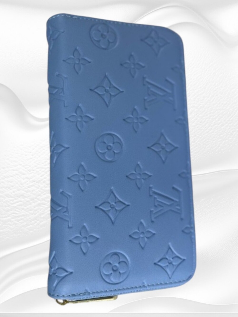 Sky Blue Embossed Monogram Zip Wallet
